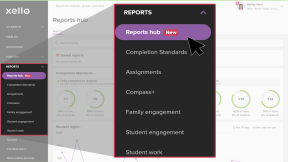 Educator account in Xello. The Reports menu is open and the cursor is clicking Reports hub